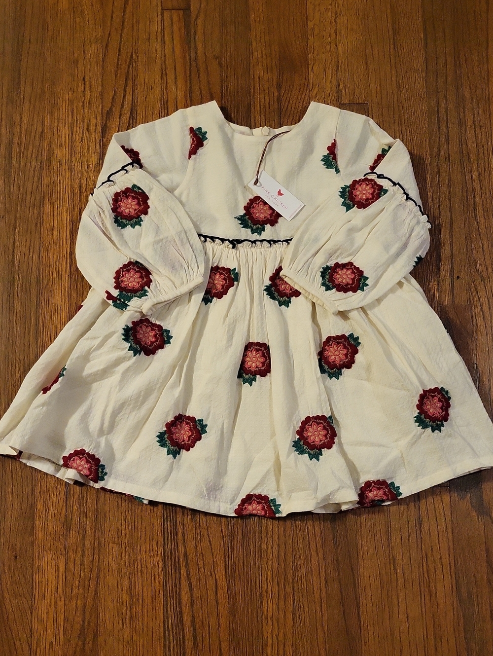 Pink Chicken Cream Dress with Red Floral Embroidery